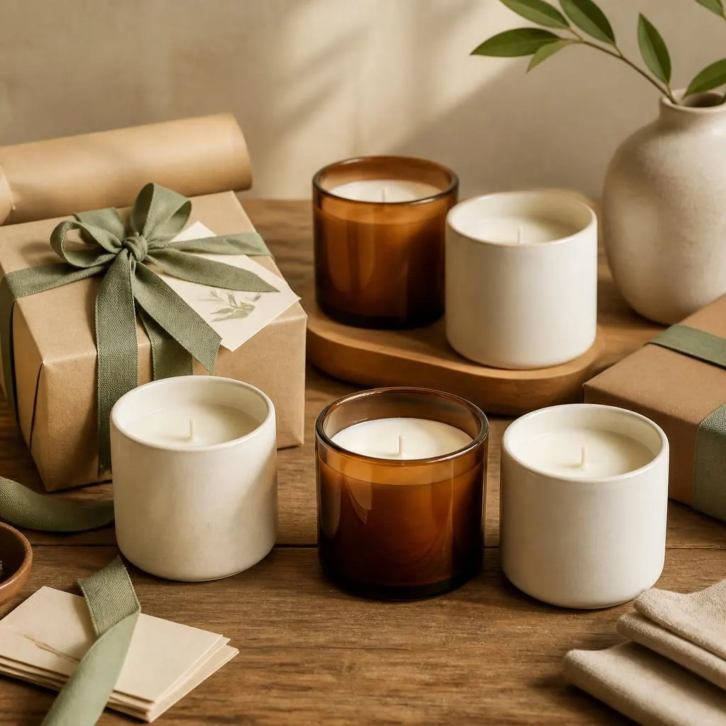 Coleção presenteável de velas artesanais em potes de cerâmica creme e vidro âmbar, embrulhadas com papel kraft e fita verde sálvia sobre bancada de madeira