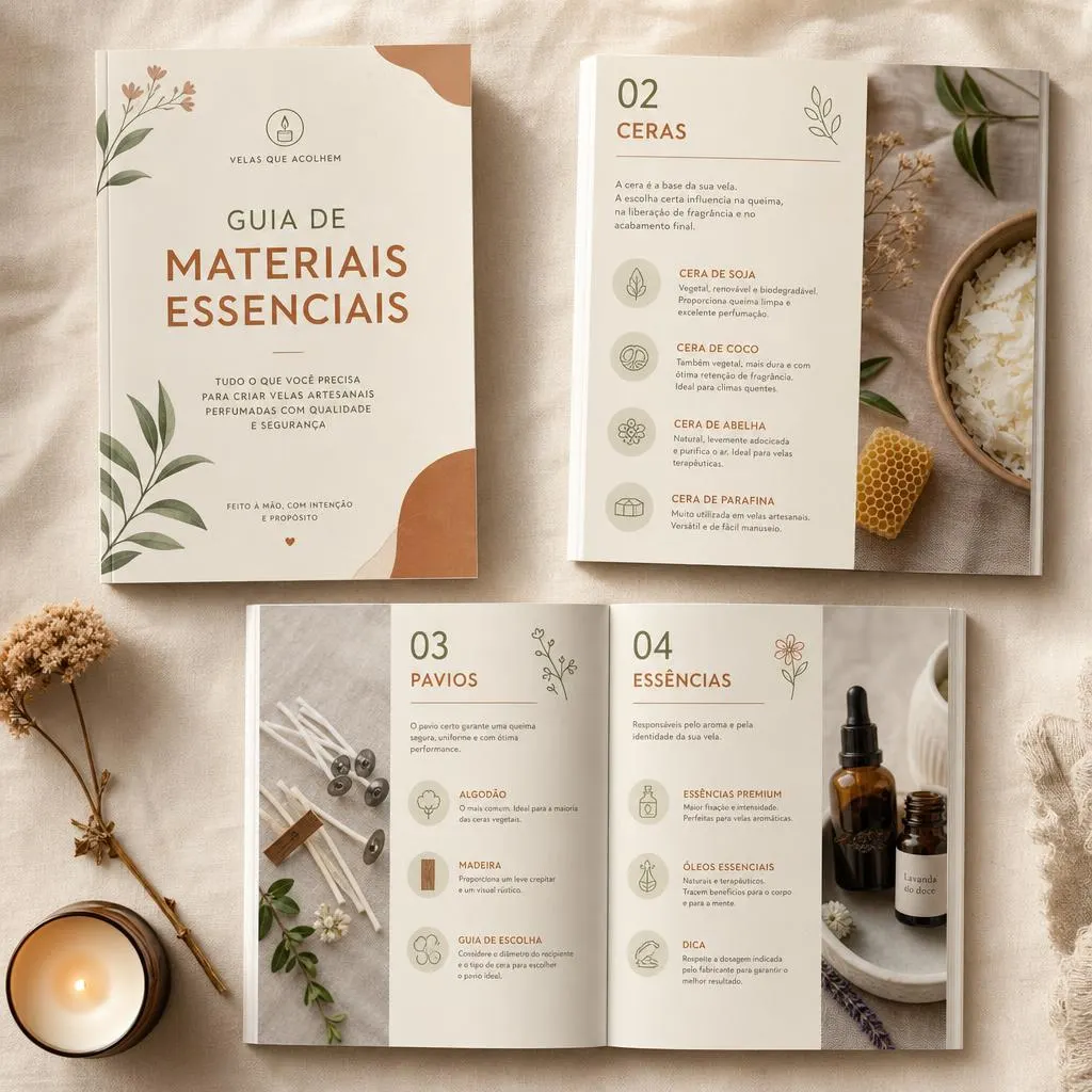 Mockup do Guia de Materiais Essenciais com ilustrações botânicas e paleta terracota