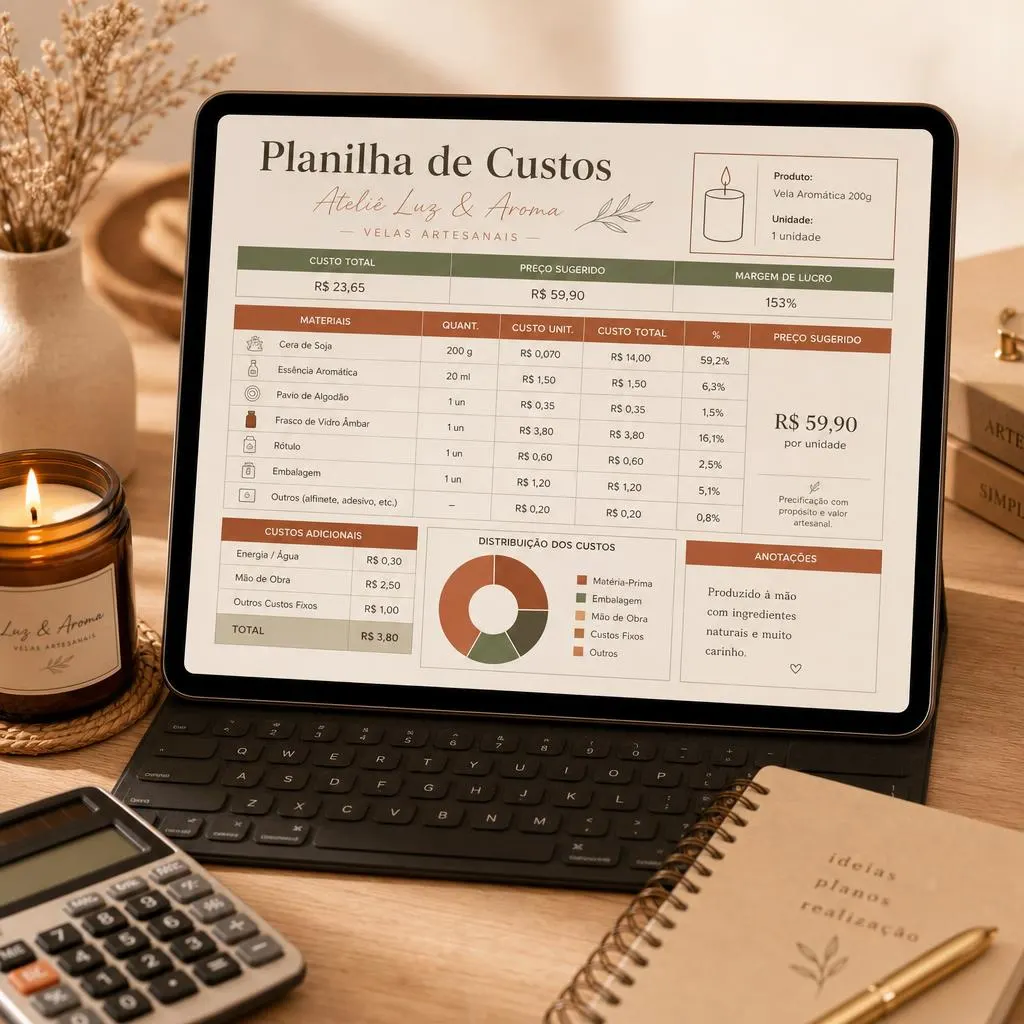 Mockup da Planilha de Custos em um tablet sobre mesa de madeira